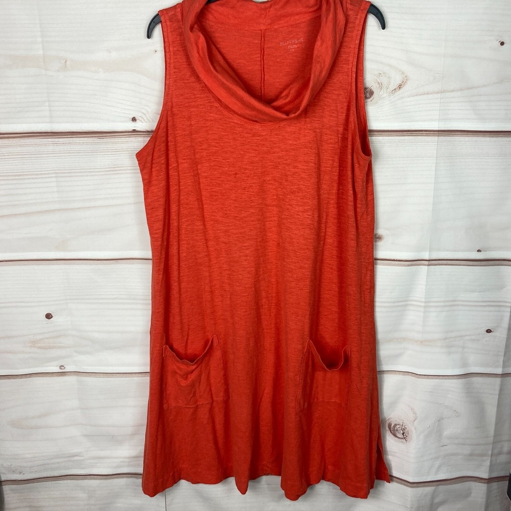 Eileen Fisher Dress Womens L Orange A-Line Cowl Neck Pockets Sleeveless Pullover